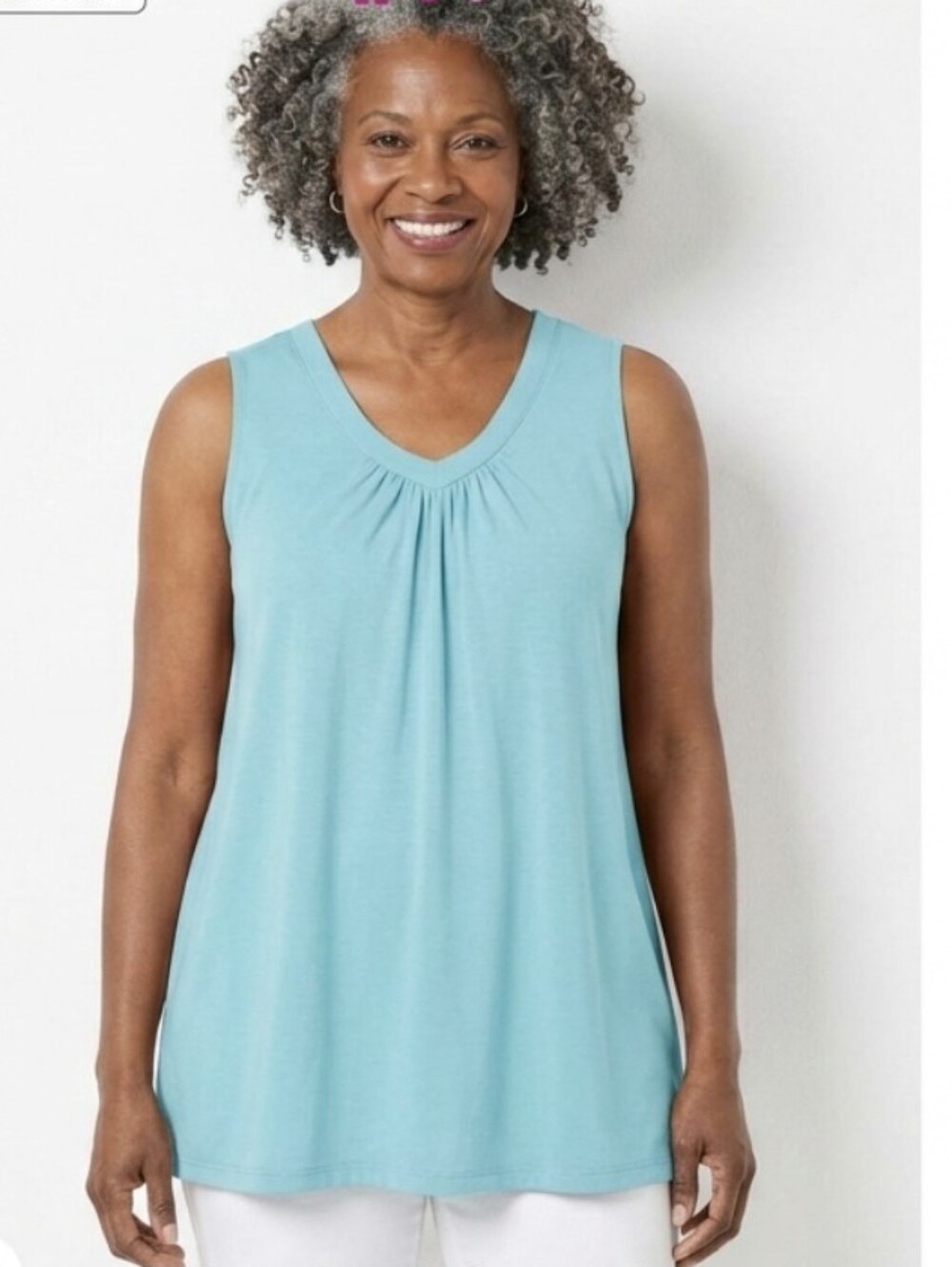 Woman Within Light Blue Perfect Sleeveless Shirred V-neck Tunic Top Size 14/16 M